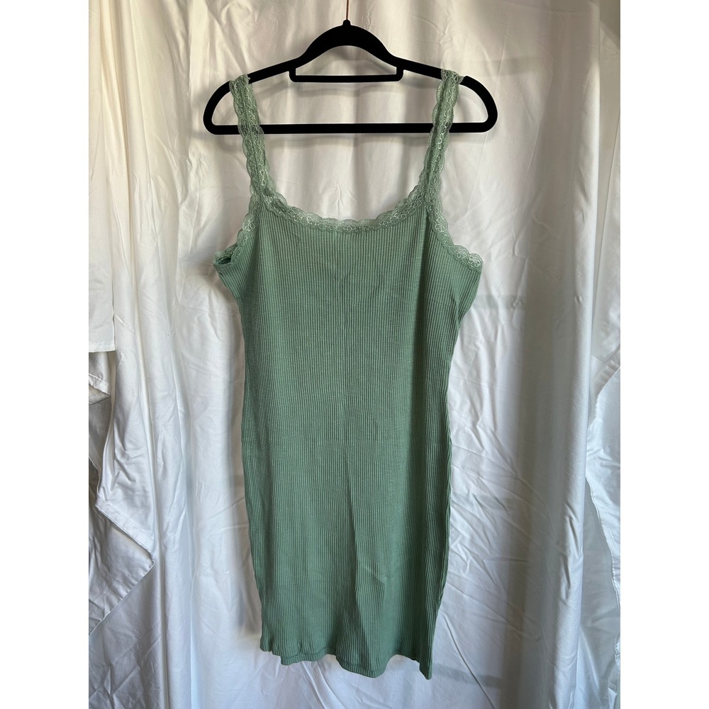 Curvy Sense Green Ribbed Dress 2X Cottagecore Soft Girl Lace Trim Bodycon Mini - Picture 3 of 3
